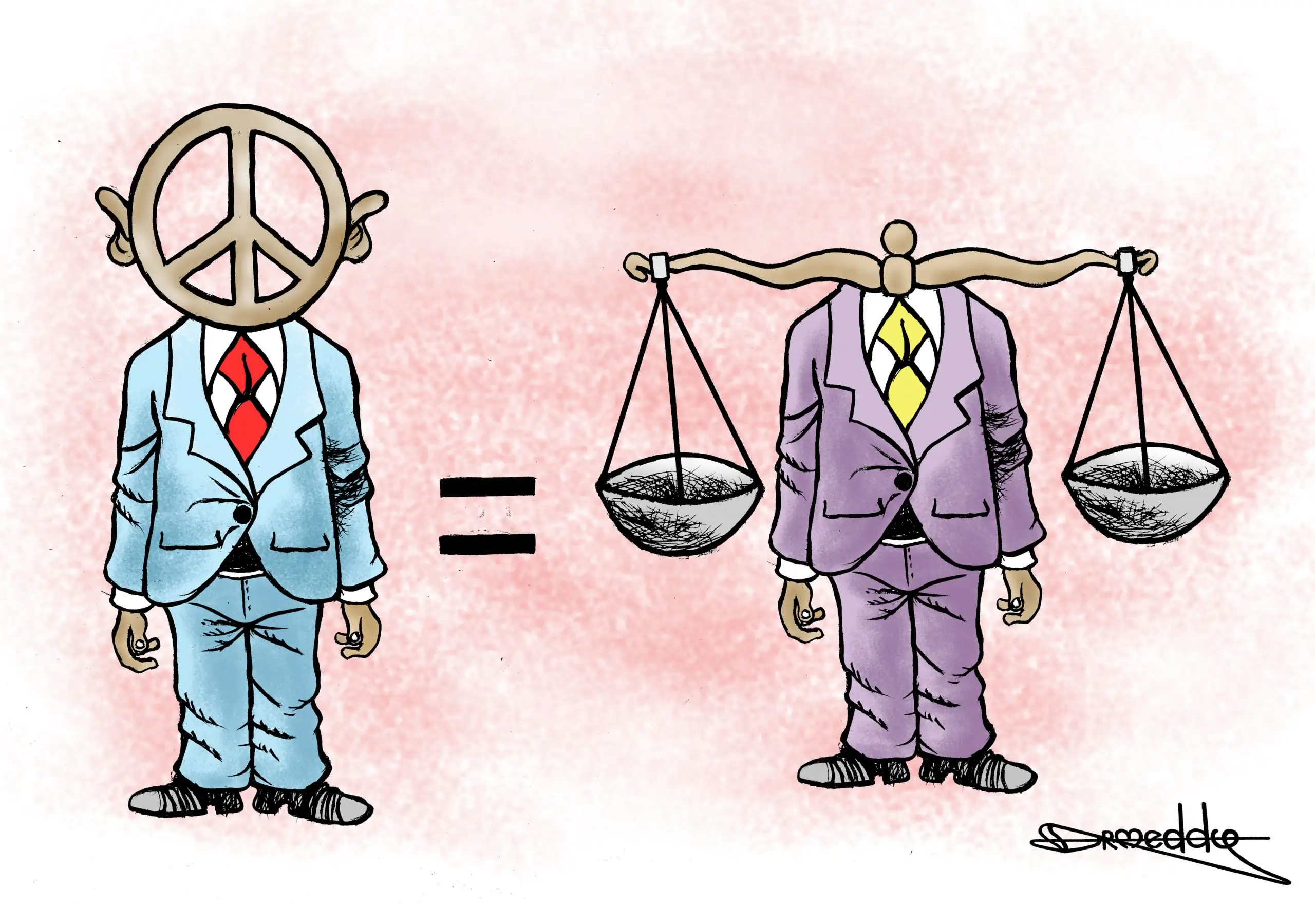 A man in a suit with a peace sign for a face stands next to a set of scales balancing a second man in a suit.