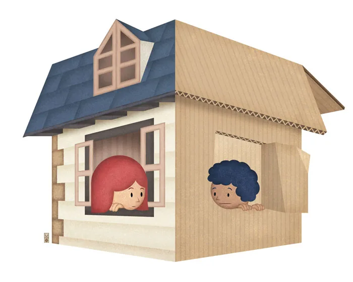 Two children look out of the window of a house made of cardboard.