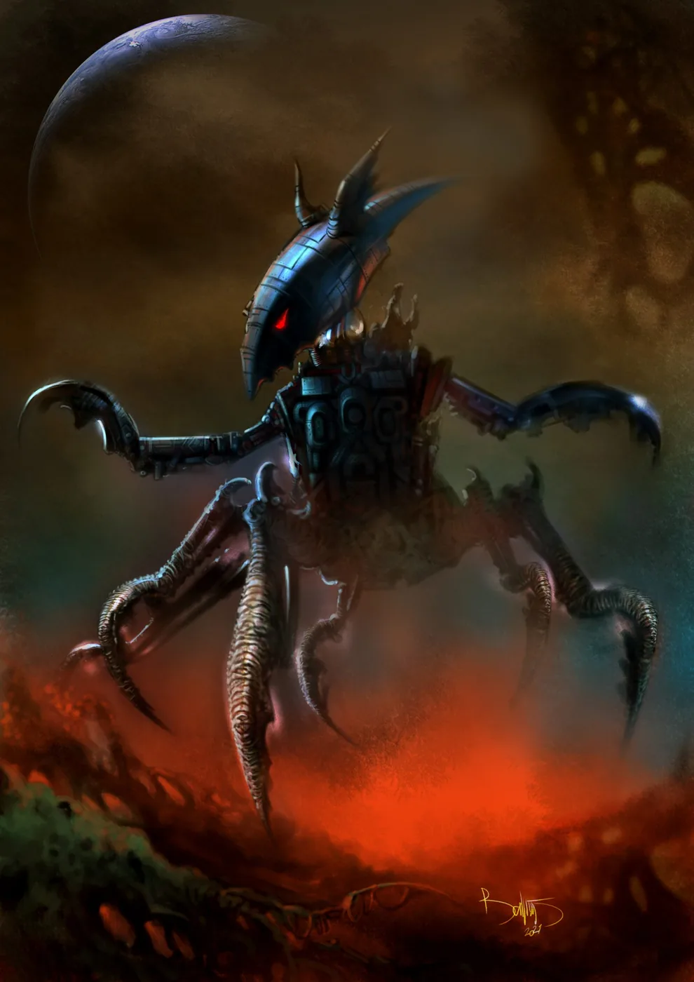 A huge armoured creature with claws stands under a dark red sky.