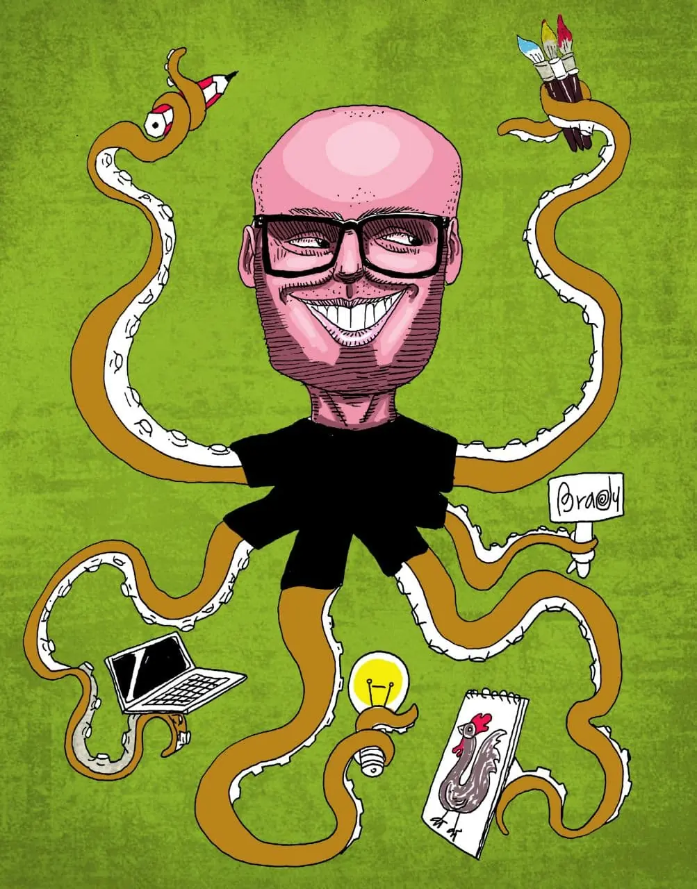A smiling cartoonist's caricature with arms like tentacles holding a laptop, a pencil and a light bulb.