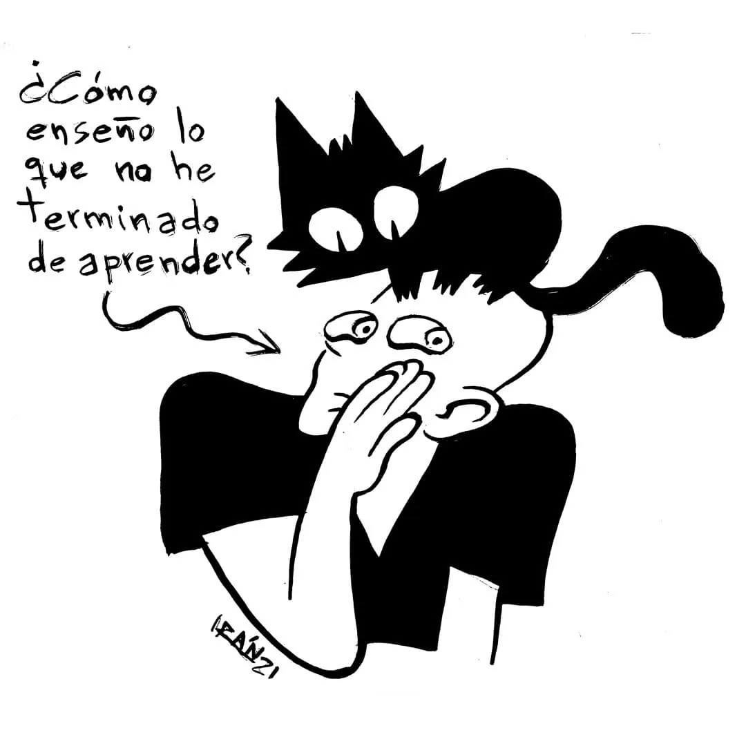 A person with a black cat on their head asks how to teach what they have not finished learning.