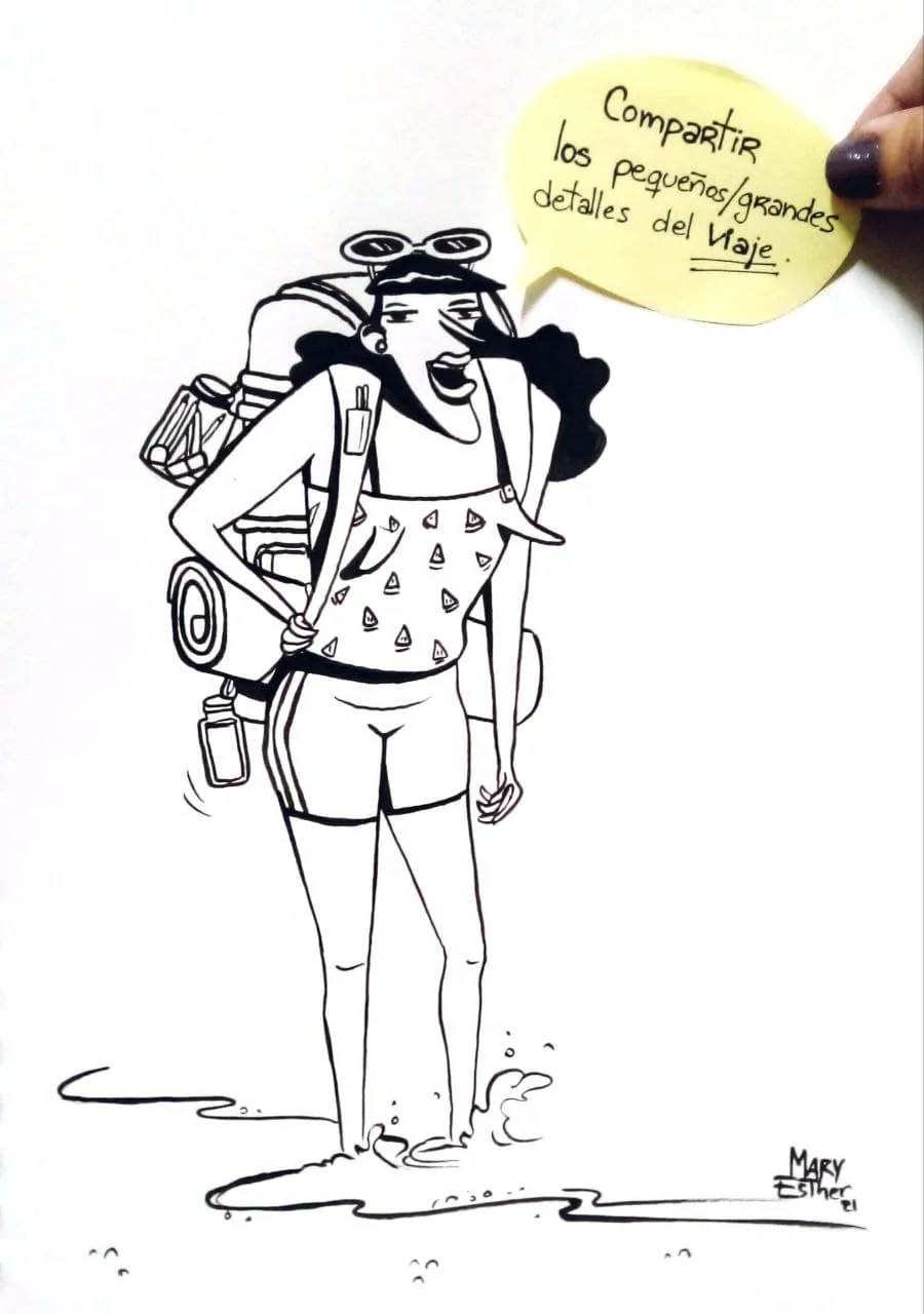 A backpacker with a speech bubble about sharing the small and big details of the journey.