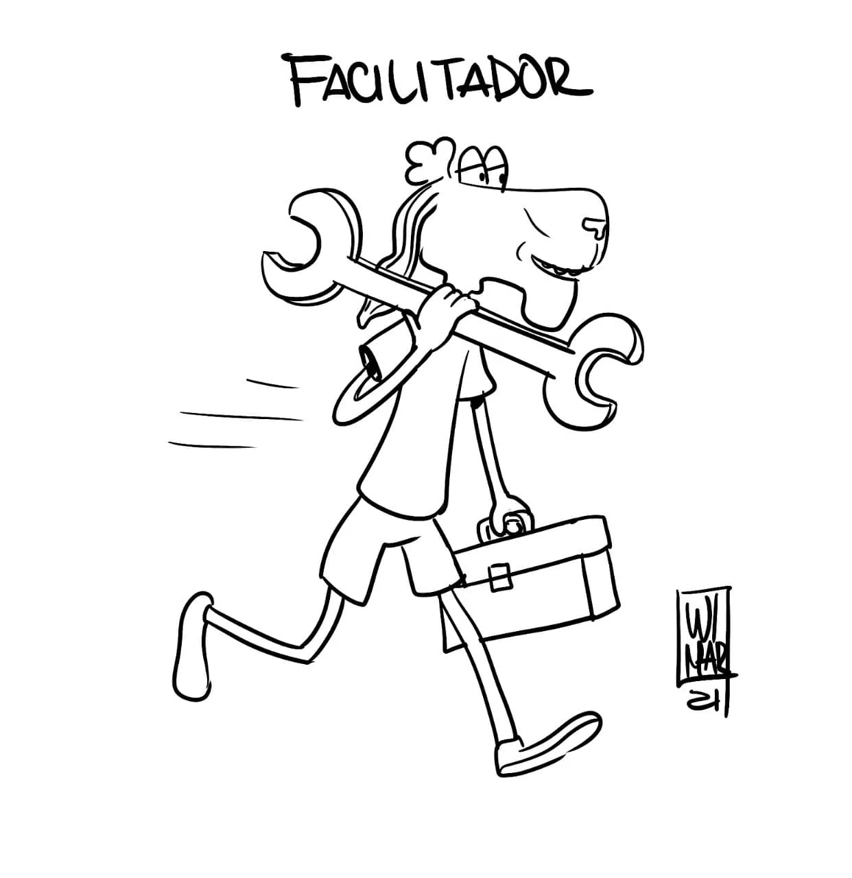 A running figure with a wrench over one shoulder and a toolbox in hand, labelled Facilitador.