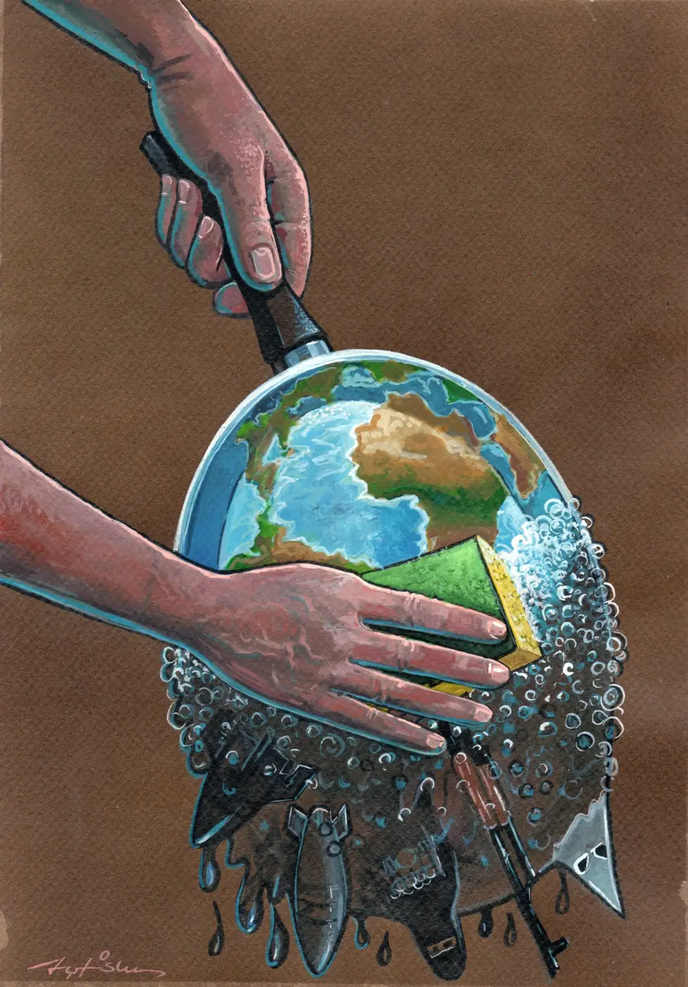 Two hands scrub a globe in a frying pan, washing away weapons.