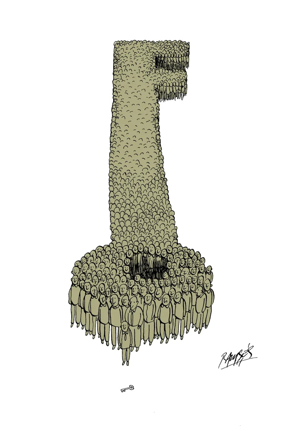 A tall, crumbling key built from hundreds of tiny people.