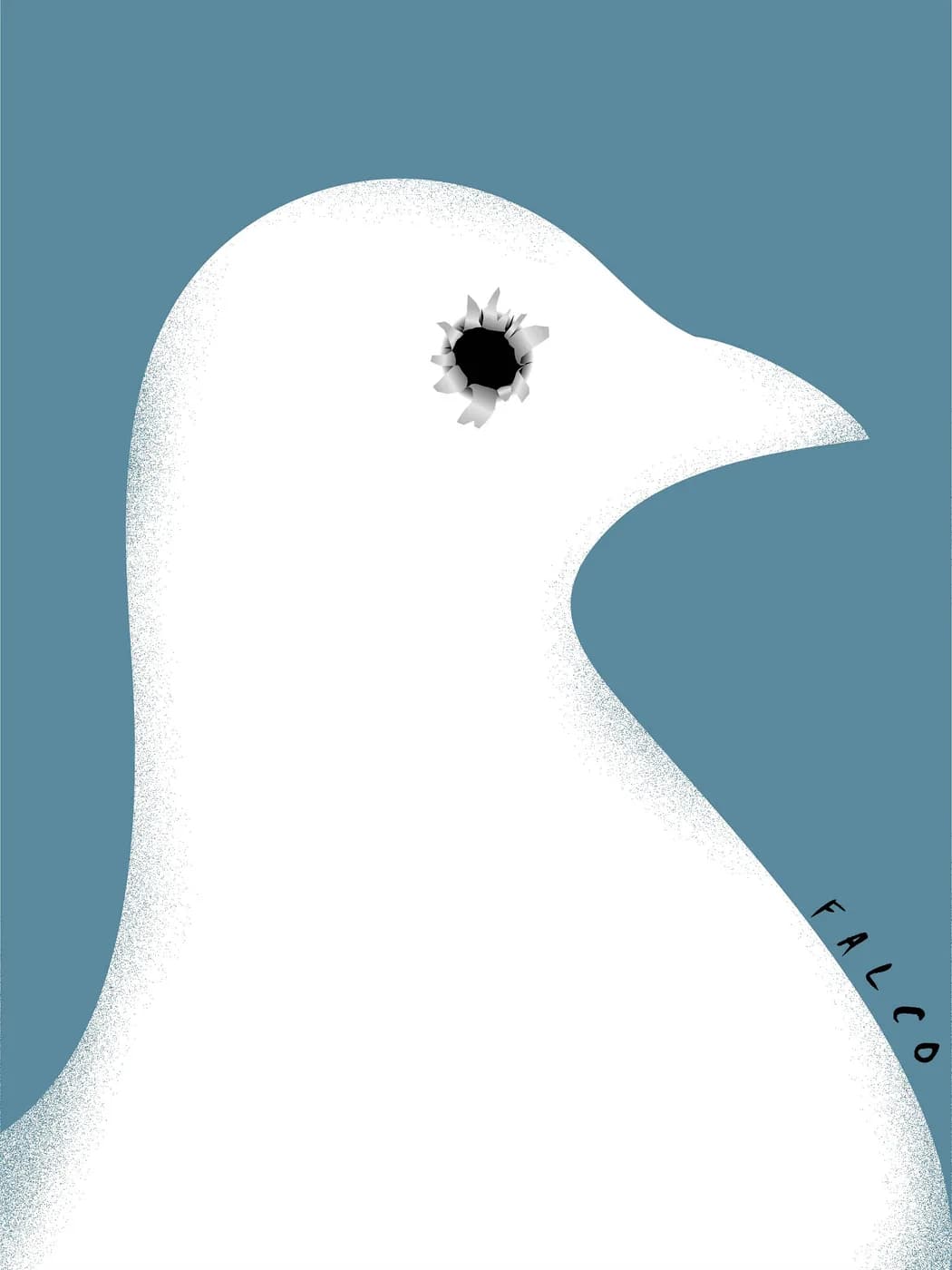 A white dove with a bullet hole in its head, shown against a blue background.