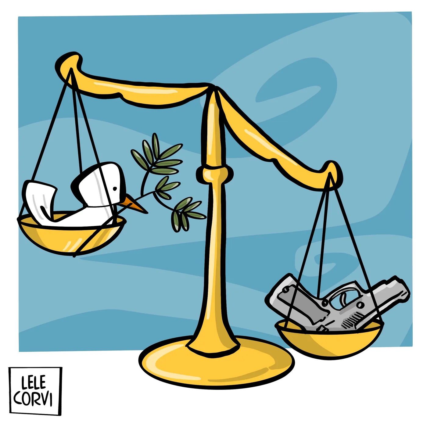 Scales hold an olive branch on one side and a gun on the other.