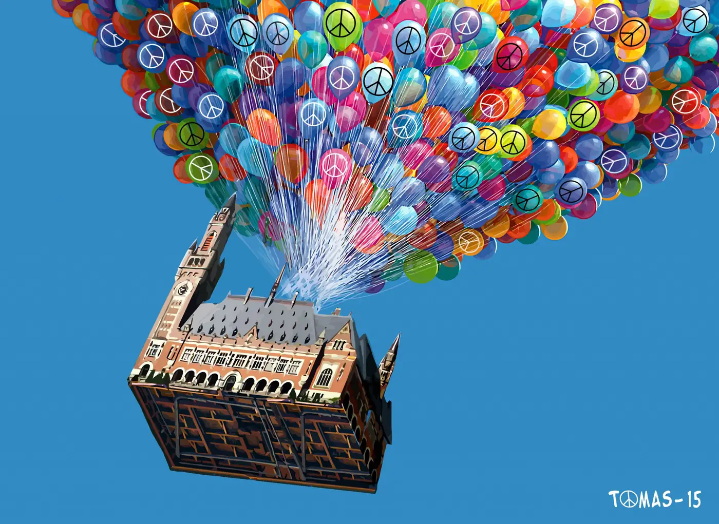 A city hall lifted into the sky by a cloud of balloons, in the style of the film Up.