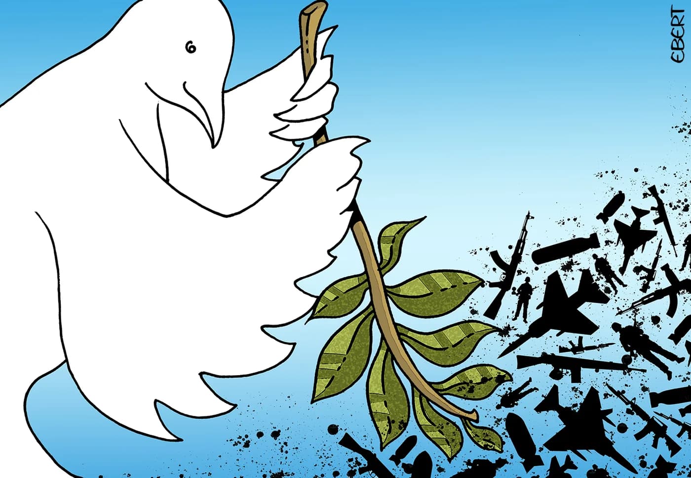 A white dove carries an olive branch over a field of fighter planes.