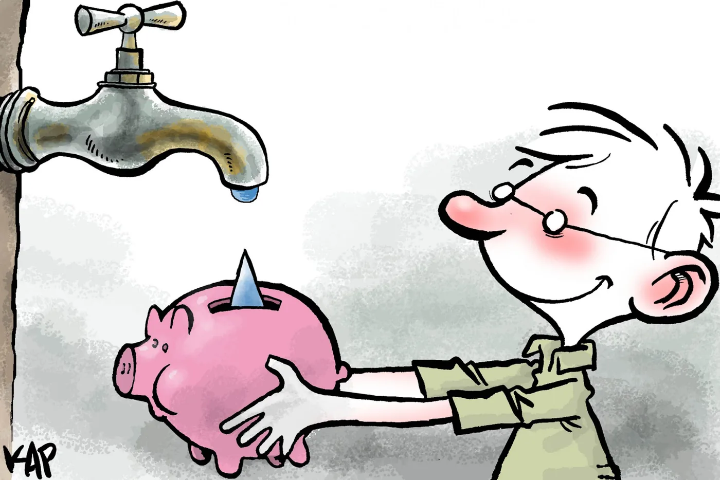 A child holds a piggy bank under a dripping tap.