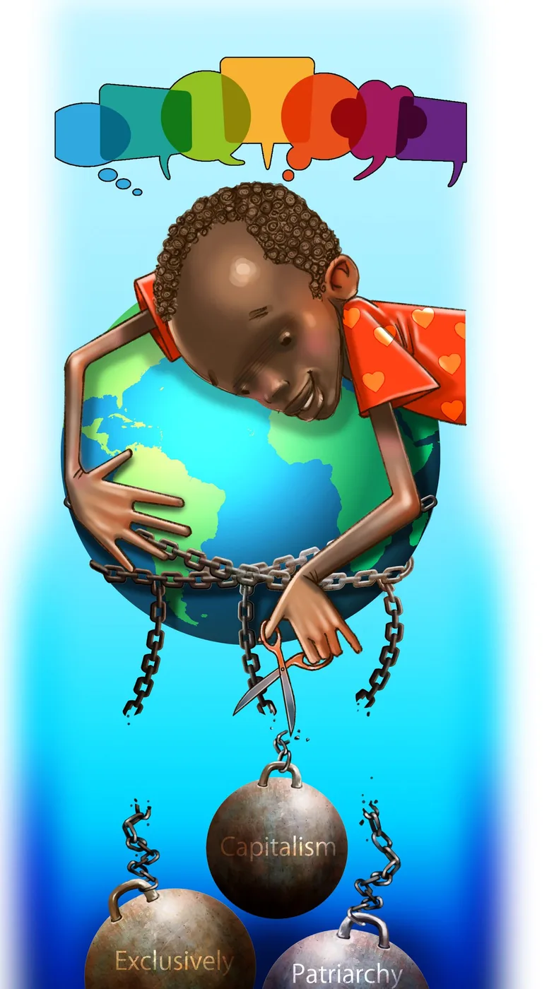A child with a thought bubble of colourful speech clouds hugs the globe while chained to heavy weights.