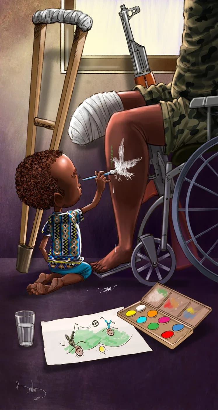 A small boy paints a white dove on the bandaged leg of a soldier in a wheelchair.